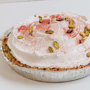Pistachio and strawberry meringue pie